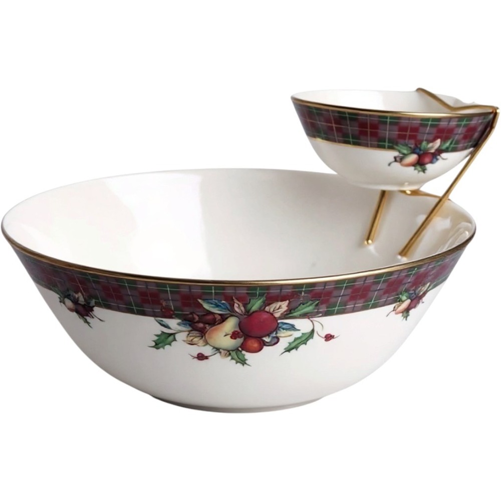 Lenox Holiday Tartan Tiered Bowl Set Chip and Dip Christmas Fine China Gold Trim